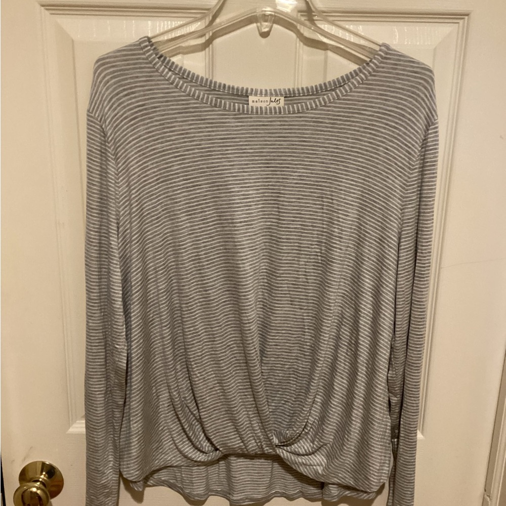 Maison Jules gray and white striped cotton top, long sleeve, gather at bottom